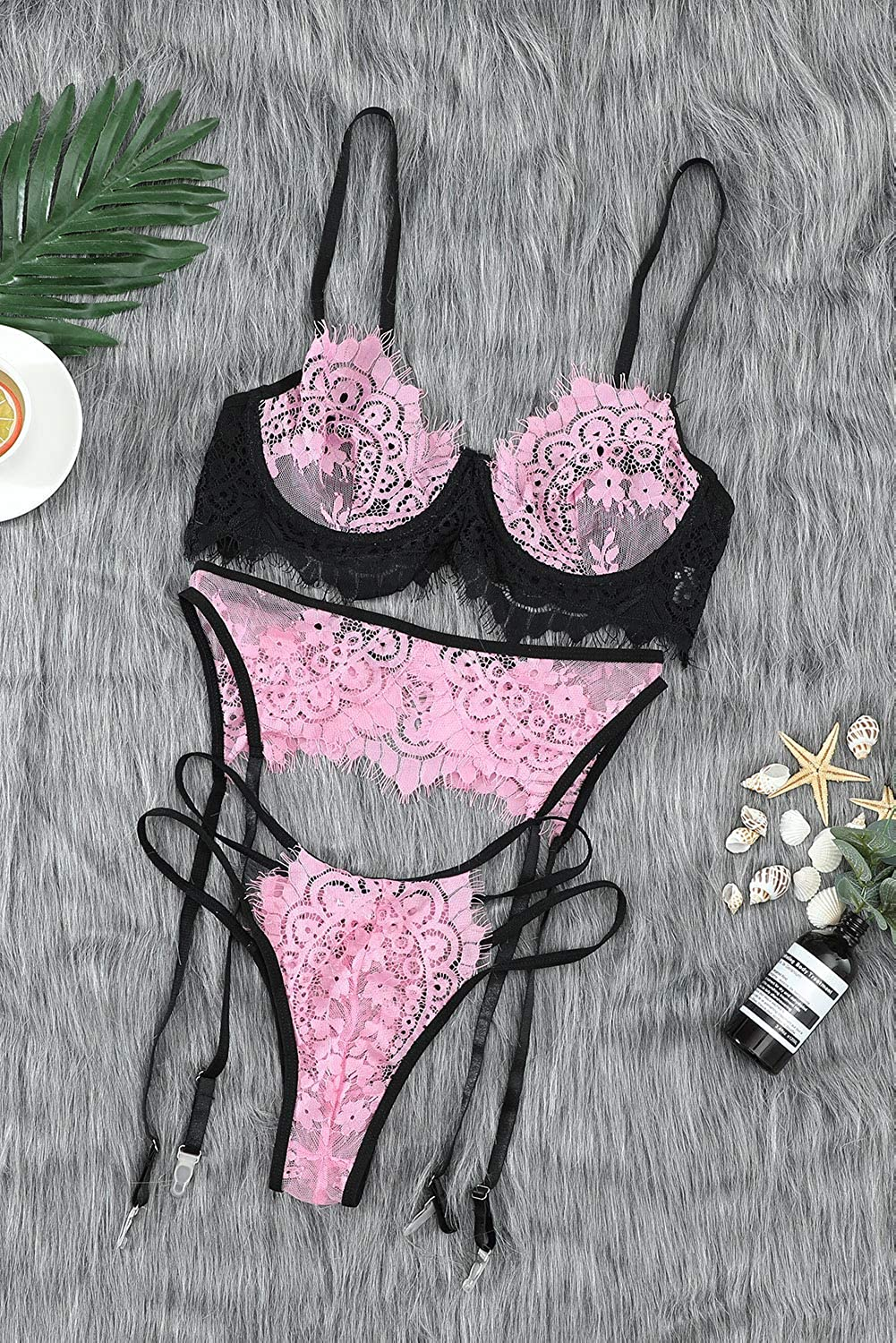 Women Harness Lace Lingerie Set Skirt 3 Pieces Bralettes and Garter Belt Apparel & Accessories > Clothing > Underwear & Socks > Lingerie QUEENIE VISCONTI   