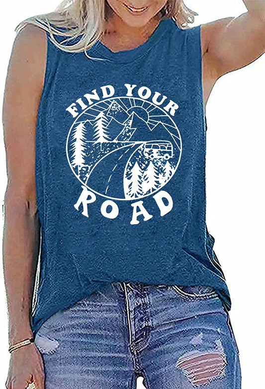 Umsuhu Find Your Road Shirts Tank Tops Women Sleeveless Summer Graphic Tank Tops Tee Shirts Apparel & Accessories > Clothing > Activewear Kylie Max   