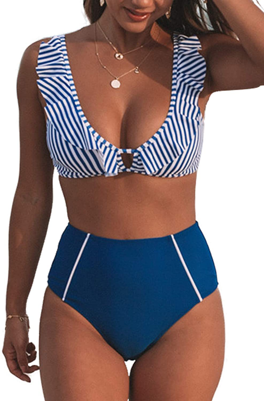 CUPSHE Women's High Waist Bikini Swimsuit Ruffle Floral Print Two Piece Bathing Suit Apparel & Accessories > Clothing > Swimwear KYLIE MAX Blue Medium 