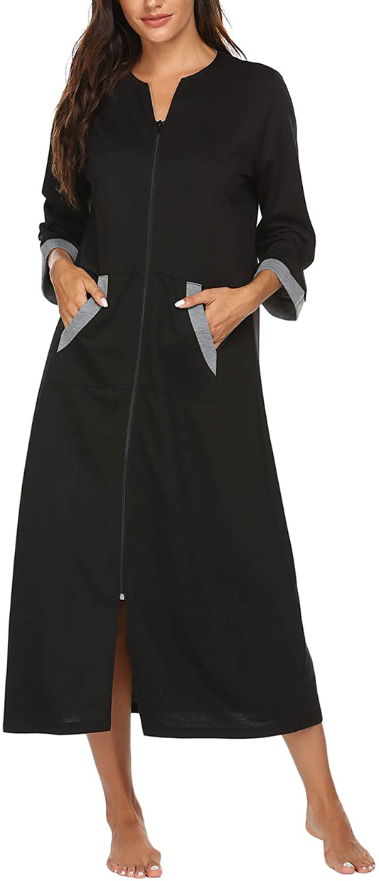 Ekouaer Women Zipper Robe 3/4 Sleeves Loungewear Full Length Sleepwear Pockets Housecoat Long Soft Bathrobe Apparel & Accessories > Clothing > Sleepwear & Loungewear > Robes Ekouaer Style 1-black 3X-Large 