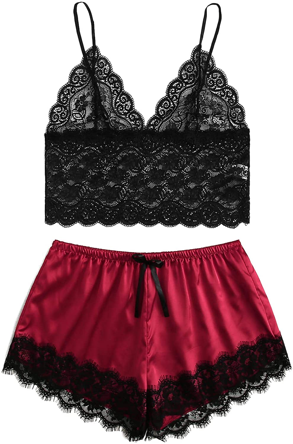 SOLY HUX Women'S plus Size Spaghetti Strap Lace Trim Bralette and Shorts Sleepwear Pajama Lingerie Set Apparel & Accessories > Clothing > Underwear & Socks > Lingerie KYLIE MAX Black & Red X-Large Plus 
