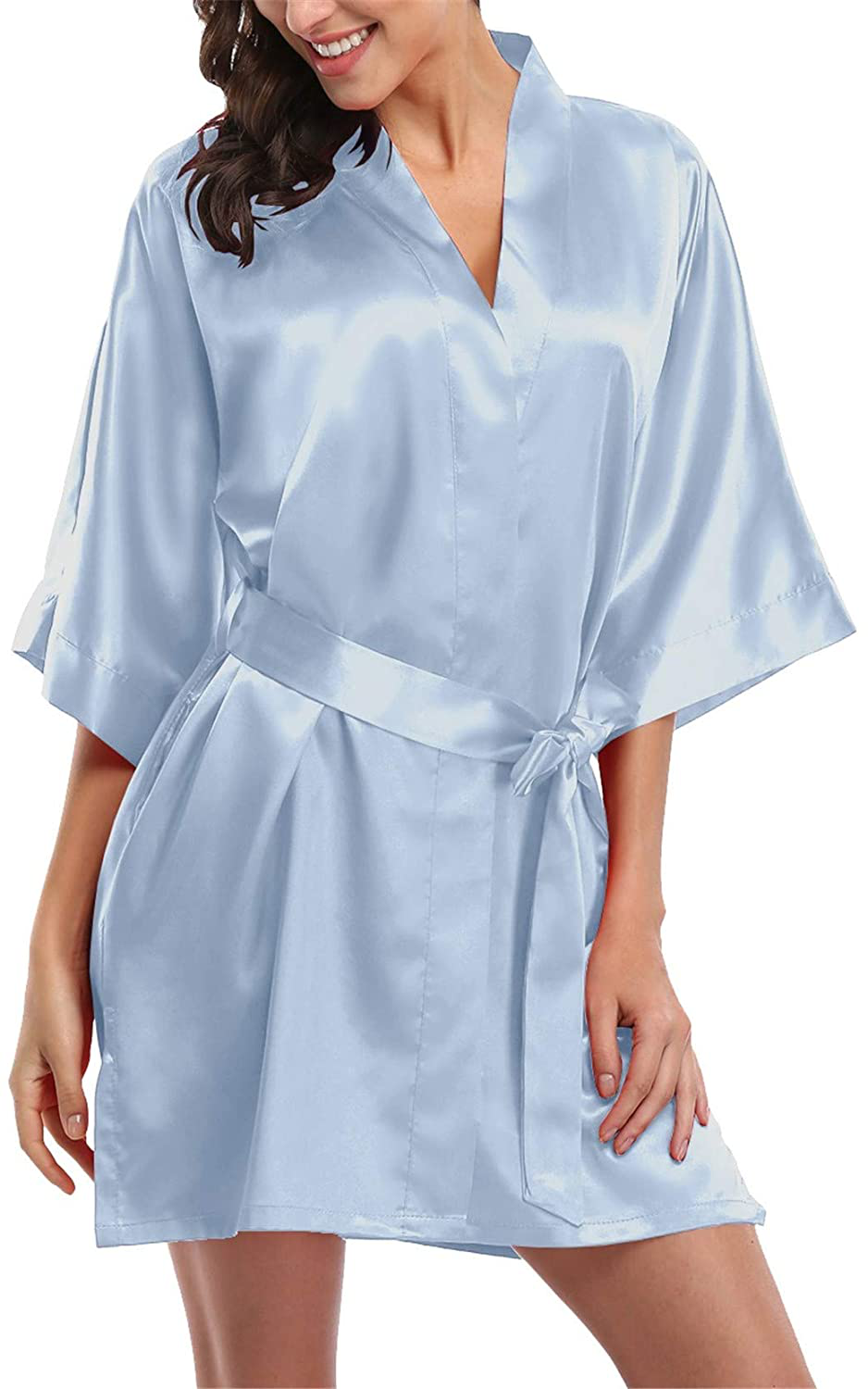 Giova Women'S Short Kimono Robe Solid Color Wedding Party Bathrobe Lightweight Apparel & Accessories > Clothing > Sleepwear & Loungewear > Robes Giova New Light Blue Large 