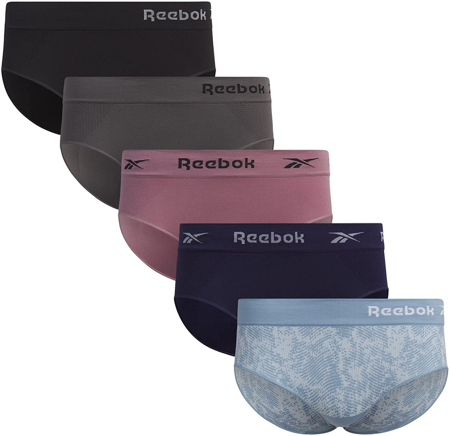 Reebok Women'S Underwear - Seamless Hipster Briefs (5 Pack) Apparel & Accessories > Clothing > Underwear & Socks > Underwear Reebok Blue/Purple/Grey/Black Large 