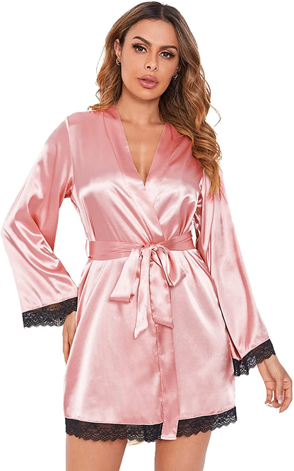 Verdusa Women'S Cheetah Print Contrast Lace Long Sleeve Belted Satin Night Robe Apparel & Accessories > Clothing > Sleepwear & Loungewear > Robes Verdusa Pink Large 
