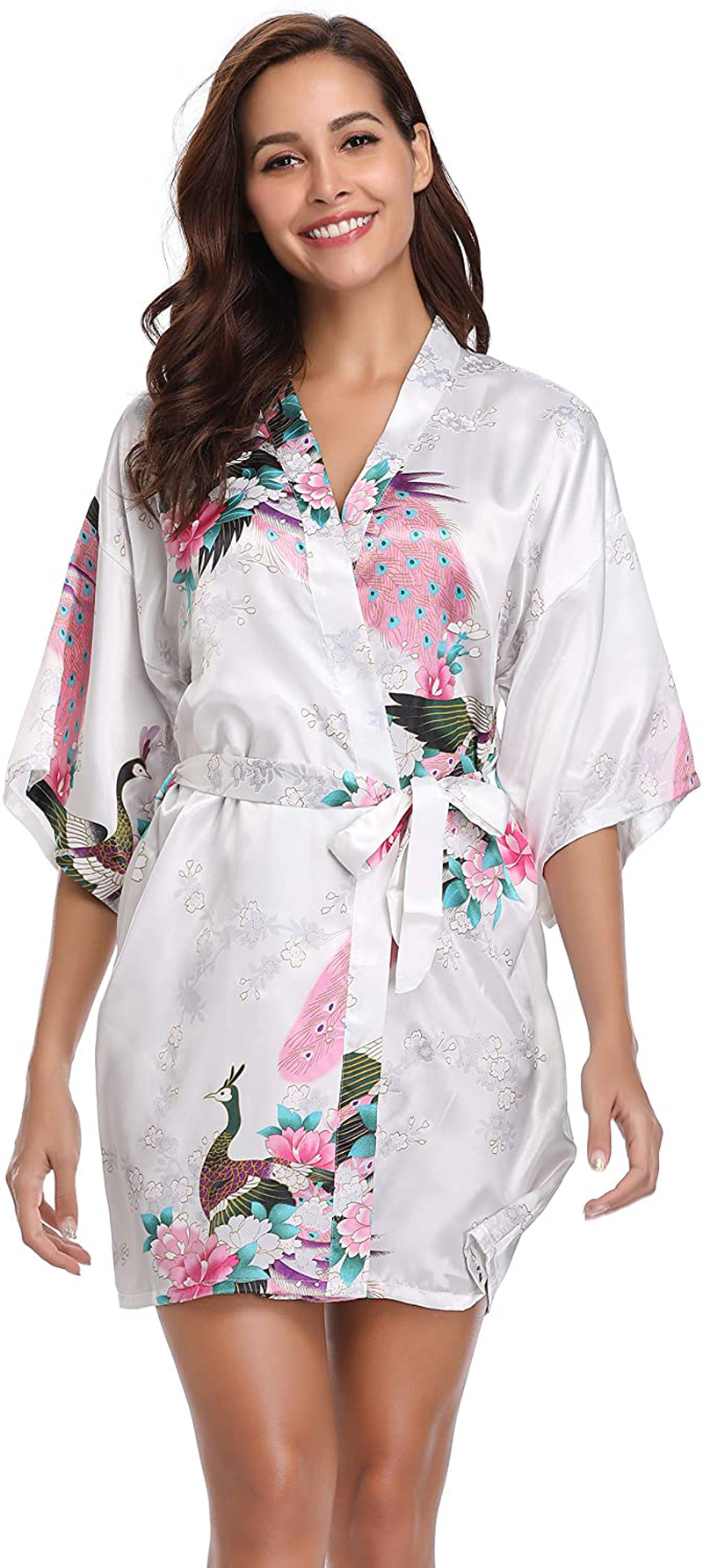 Vlazom Women'S Kimono Robes Short Satin Pure Color Bridal Party Robe with Oblique V-Neck Apparel & Accessories > Clothing > Sleepwear & Loungewear > Robes KYLIE MAX Y-white Floral Small 