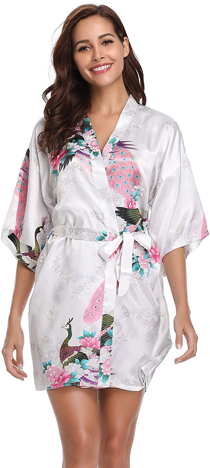 Vlazom Women'S Kimono Robes Short Satin Pure Color Bridal Party Robe with Oblique V-Neck Apparel & Accessories > Clothing > Sleepwear & Loungewear > Robes KYLIE MAX Y-white Floral Small 