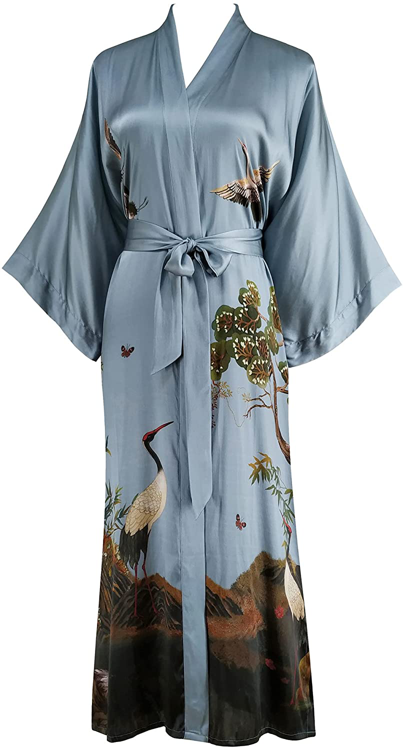 Ledamon Women'S 100% Silk Kimono Long Robe - Classic Colors and Prints Apparel & Accessories > Clothing > Sleepwear & Loungewear > Robes Ledamon Blue Gray  