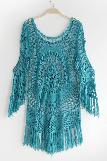 CUPSHE Women'S Cover up White Crochet Hollow Out Tassel Swimsuit Three Quarter Sleeve Apparel & Accessories > Clothing > Swimwear Kylie Max   