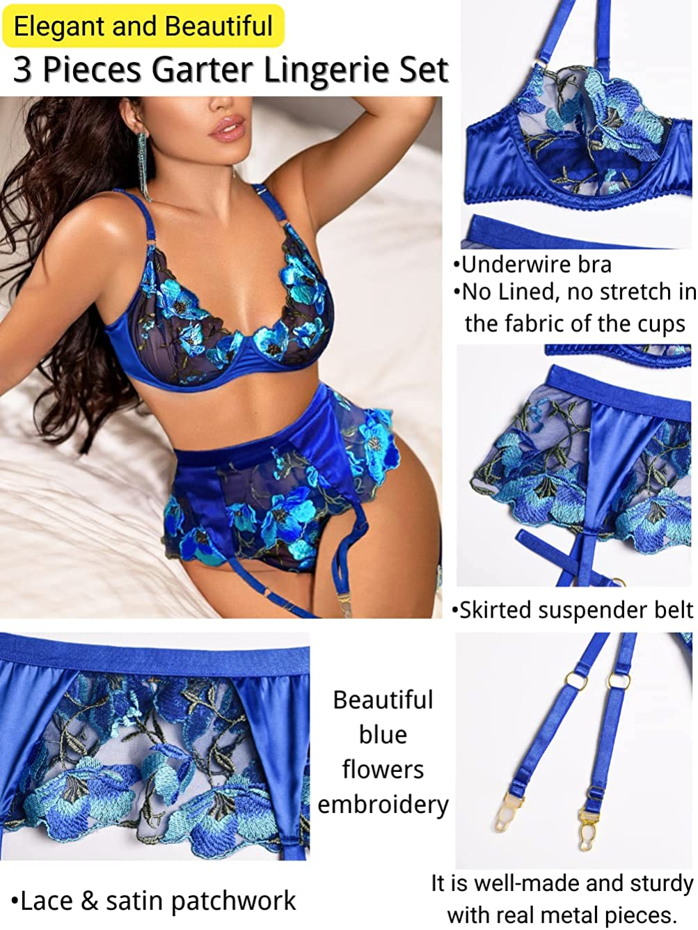 Kaei&Shi Floral Embroidered Sheer,Underwire,High Waisted Belt,Thong,Garter Lingerie Set Apparel & Accessories > Clothing > Underwear & Socks > Lingerie Kaei&Shi   