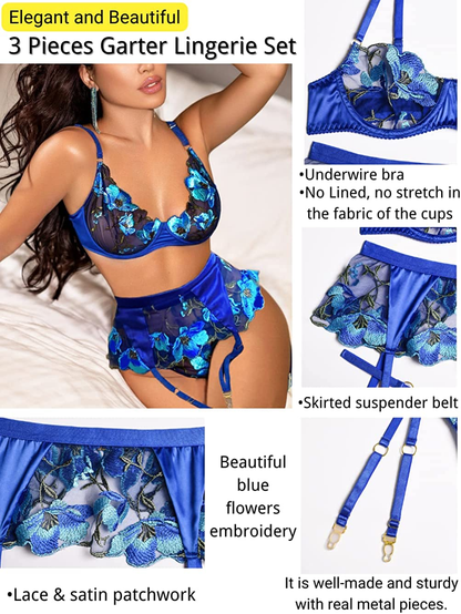 Kaei&Shi Floral Embroidered Sheer,Underwire,High Waisted Belt,Thong,Garter Lingerie Set Apparel & Accessories > Clothing > Underwear & Socks > Lingerie Kaei&Shi   