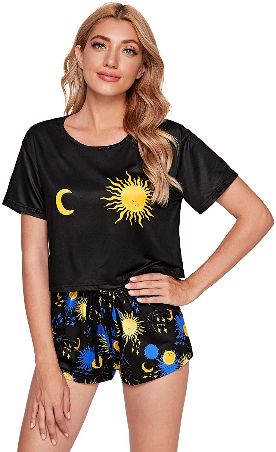 Sweatyrocks Women'S Cute Graphic Print Short Sleeve Crop Top with Shorts Pajama Set Apparel & Accessories > Clothing > Sleepwear & Loungewear Kylie Max   