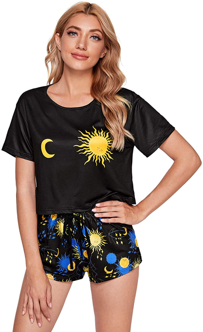 Sweatyrocks Women'S Cute Graphic Print Short Sleeve Crop Top with Shorts Pajama Set Apparel & Accessories > Clothing > Sleepwear & Loungewear Kylie Max   