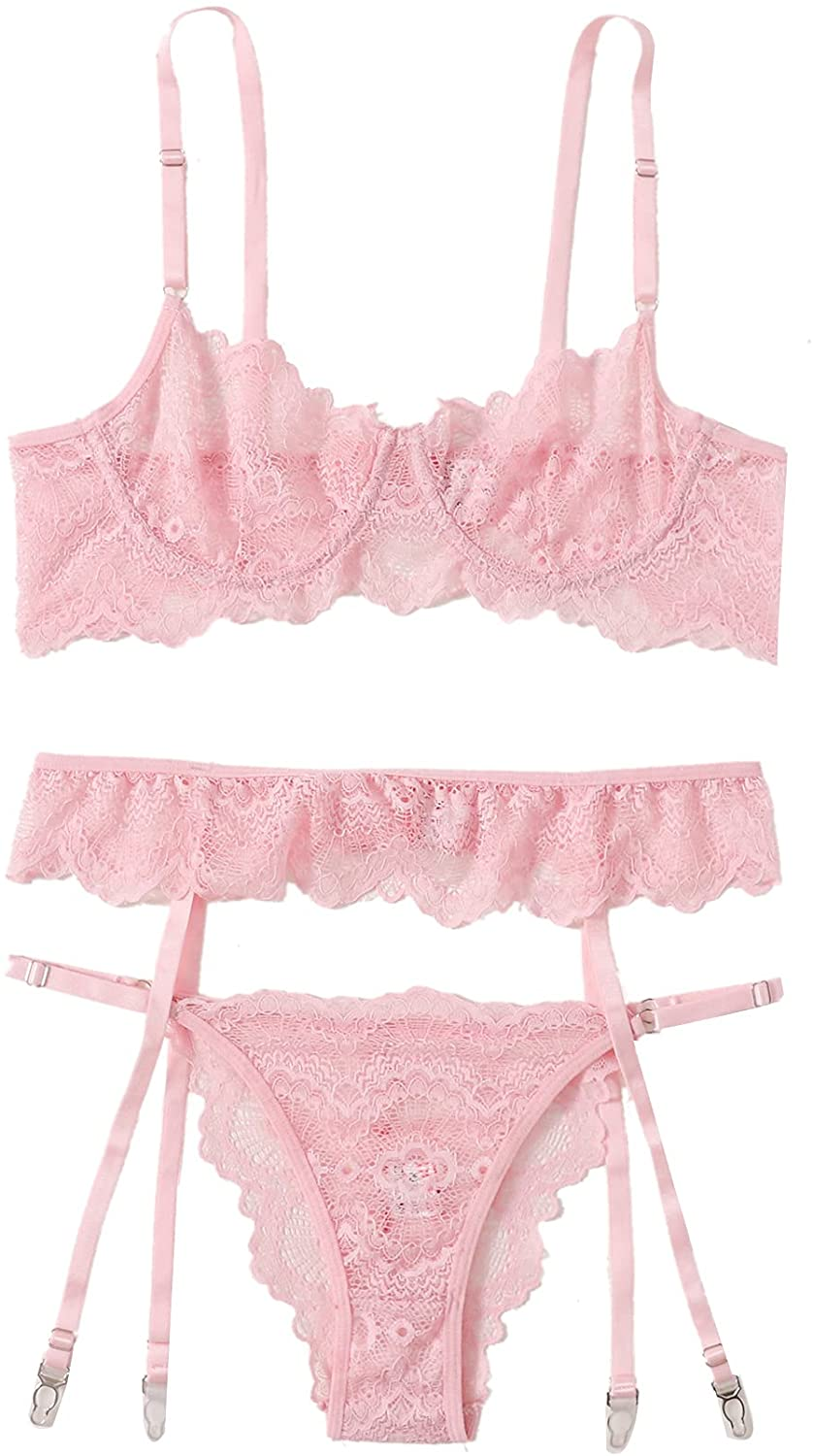 Shein Women'S 3 Piece Floral Lace Lingerie Set with Garter Belts Sexy Bra and Panty Apparel & Accessories > Clothing > Underwear & Socks > Lingerie SheIn Pink Small 