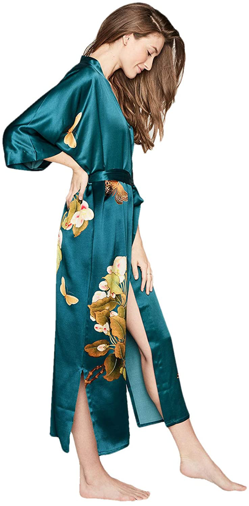 KIM+ONO Women'S Washable Silk Kimono Robe Long - Floral Print Apparel & Accessories > Clothing > Sleepwear & Loungewear > Robes KIM+ONO   