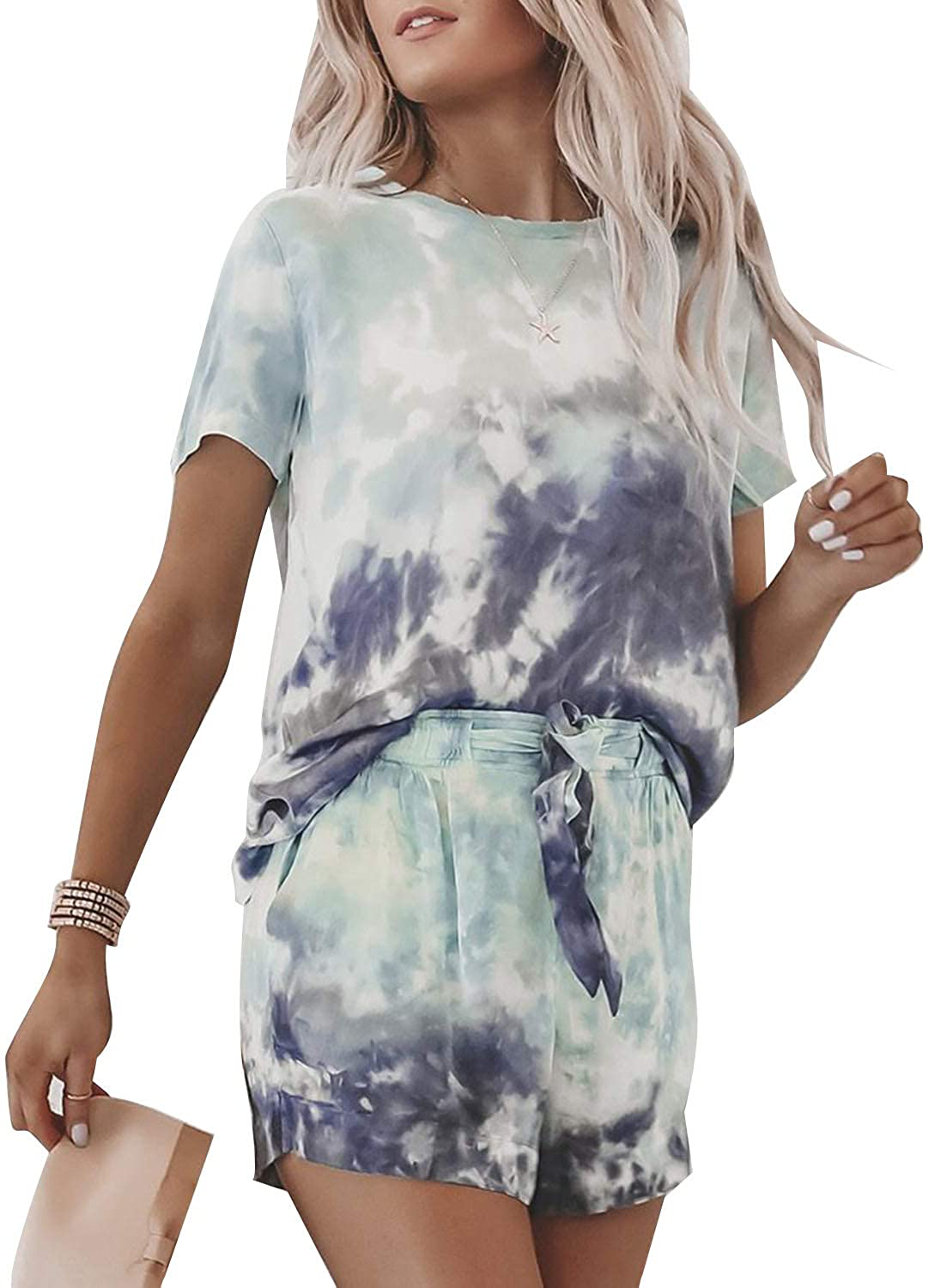 luvamia Women Tie Dye Pajama Sets Long Sleeve Tops and Pants PJ Sets Joggers Loungewear Sleepwear Apparel & Accessories > Clothing > Sleepwear & Loungewear > Pajamas KYLIE MAX Short Set-crewneck Navy XX-Large 