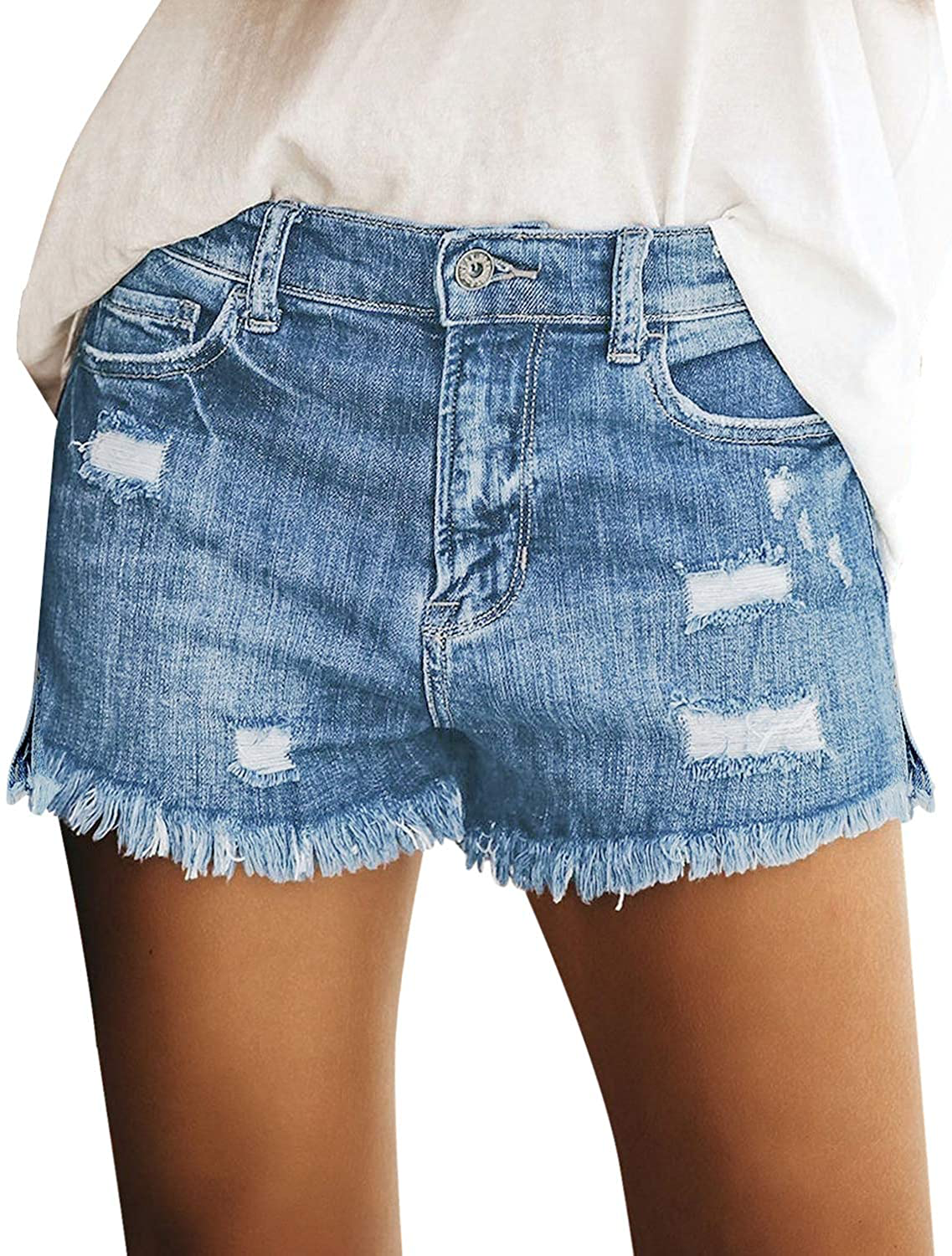 Luvamia Women'S Casual Mid Rise Denim Shorts Stretch Ripped Raw Hem Jean Shorts Apparel & Accessories > Clothing > Shorts Kylie Max   