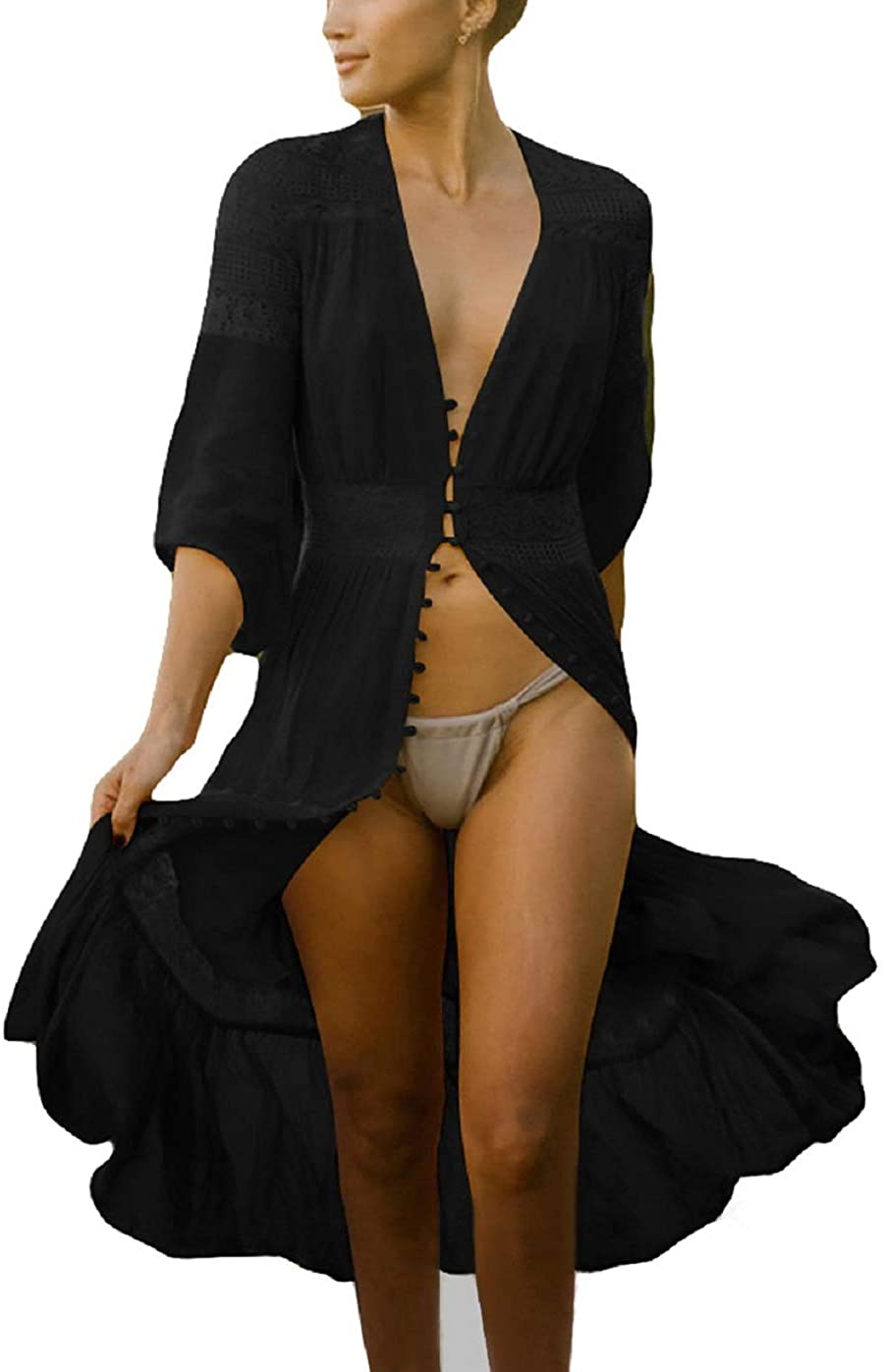 Wander Agio Womens Bikini Cover Ups Beach Casual Dress Coverup Swimsuits Long Cardigan Button Black Apparel & Accessories > Clothing > Swimwear Kylie Max   