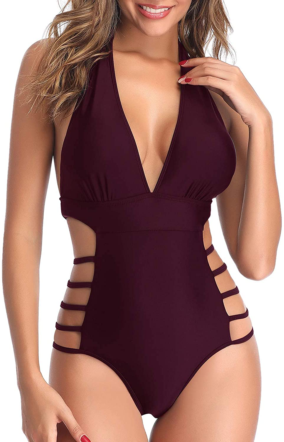 Tempt Me Women Plunge V Neck One Piece Swimsuits Halter Open Back Bathing Suits High Leg Cutout Swimwear Apparel & Accessories > Clothing > Swimwear Kylie Max   
