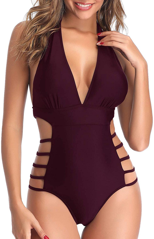 Tempt Me Women Plunge V Neck One Piece Swimsuits Halter Open Back Bathing Suits High Leg Cutout Swimwear Apparel & Accessories > Clothing > Swimwear Kylie Max   