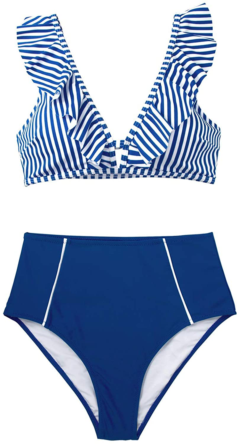 CUPSHE Women's High Waist Bikini Swimsuit Ruffle Floral Print Two Piece Bathing Suit Apparel & Accessories > Clothing > Swimwear KYLIE MAX   