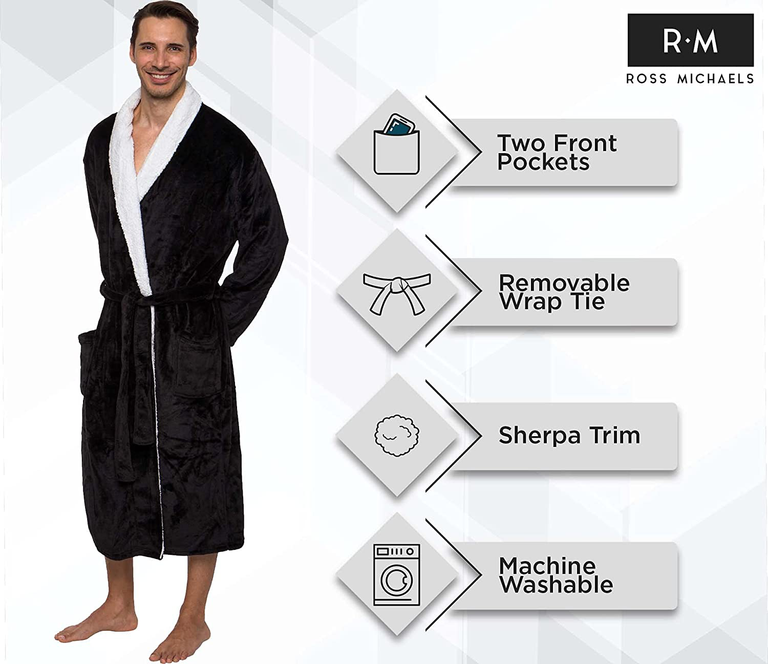 Ross Michaels Mens Robe Plush Sherpa Trim Fleece Bathrobe with Shawl Collar Mid Apparel & Accessories > Clothing > Sleepwear & Loungewear > Robes Kylie Max   