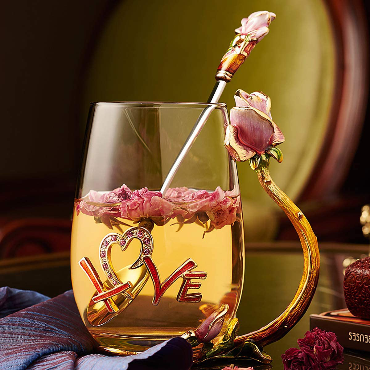 Luka Tech Enamels flower Lead-free Glass Coffee Mugs Tea Cup with Steel Spoon, Best Birthday Gifts For Women Wife Mom Friends Mothers Valentines Day Christmas Arts & Entertainment > Party & Celebration > Gift Giving Luka Tech   