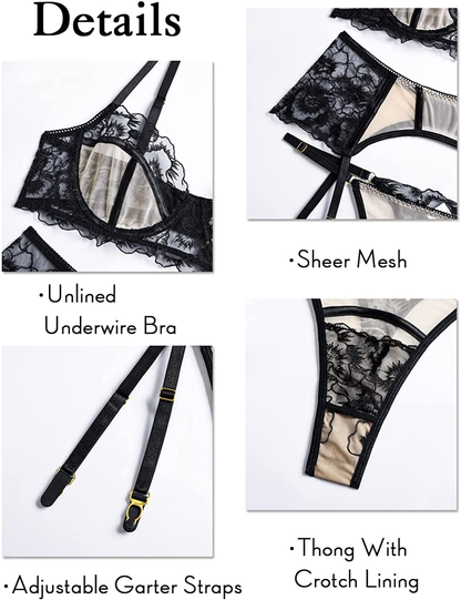 Kaei&Shi Floral Embroidered Lace Sheer,Underwire,Thong,Garter Lingerie Set Apparel & Accessories > Clothing > Underwear & Socks > Lingerie Kaei&Shi   
