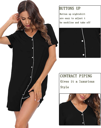 SWOMOG Women'S Button down Nightgown Short Sleeve Nightshirt V-Neck Sleepwear Boyfriend Sleepshirt Pajama Dress Apparel & Accessories > Clothing > Sleepwear & Loungewear > Nightgowns Kylie Max   
