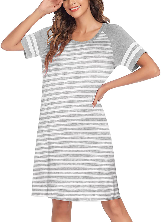 Hotouch Nightshirts Womens Nightgowns Raglan Striped Short Sleeve Sleepwear Comfy Sleepshirt S-XXL Apparel & Accessories > Clothing > Sleepwear & Loungewear > Nightgowns Kylie Max   