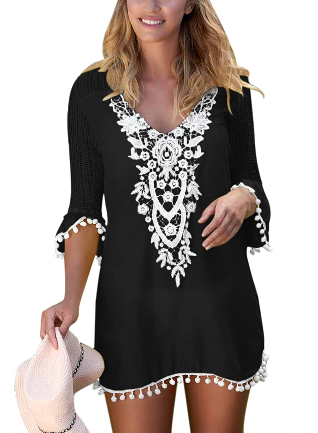 BLENCOT Women'S Crochet Chiffon Tassel Swimsuit Bikini Pom Pom Trim Swimwear Beach Cover Up Apparel & Accessories > Clothing > Swimwear Kylie Max   