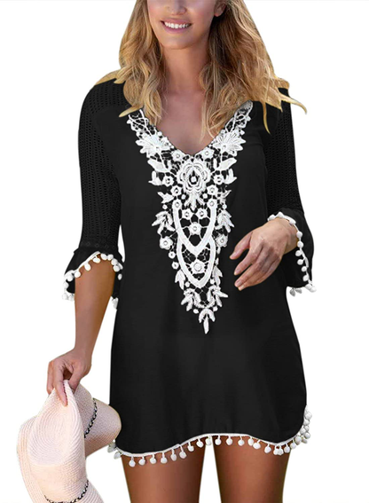 BLENCOT Women'S Crochet Chiffon Tassel Swimsuit Bikini Pom Pom Trim Swimwear Beach Cover Up Apparel & Accessories > Clothing > Swimwear Kylie Max   