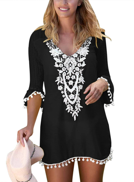 BLENCOT Women'S Crochet Chiffon Tassel Swimsuit Bikini Pom Pom Trim Swimwear Beach Cover Up Apparel & Accessories > Clothing > Swimwear Kylie Max   