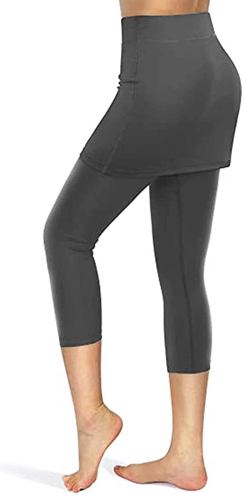 Burband Womens Skirted Leggings Capri Skirt Yoga Active Tights Pants Golf Tennis Workout Skort Sport Leggings with Pockets Apparel & Accessories > Clothing > Underwear & Socks > Shapewear Burband Gray XX-Large 