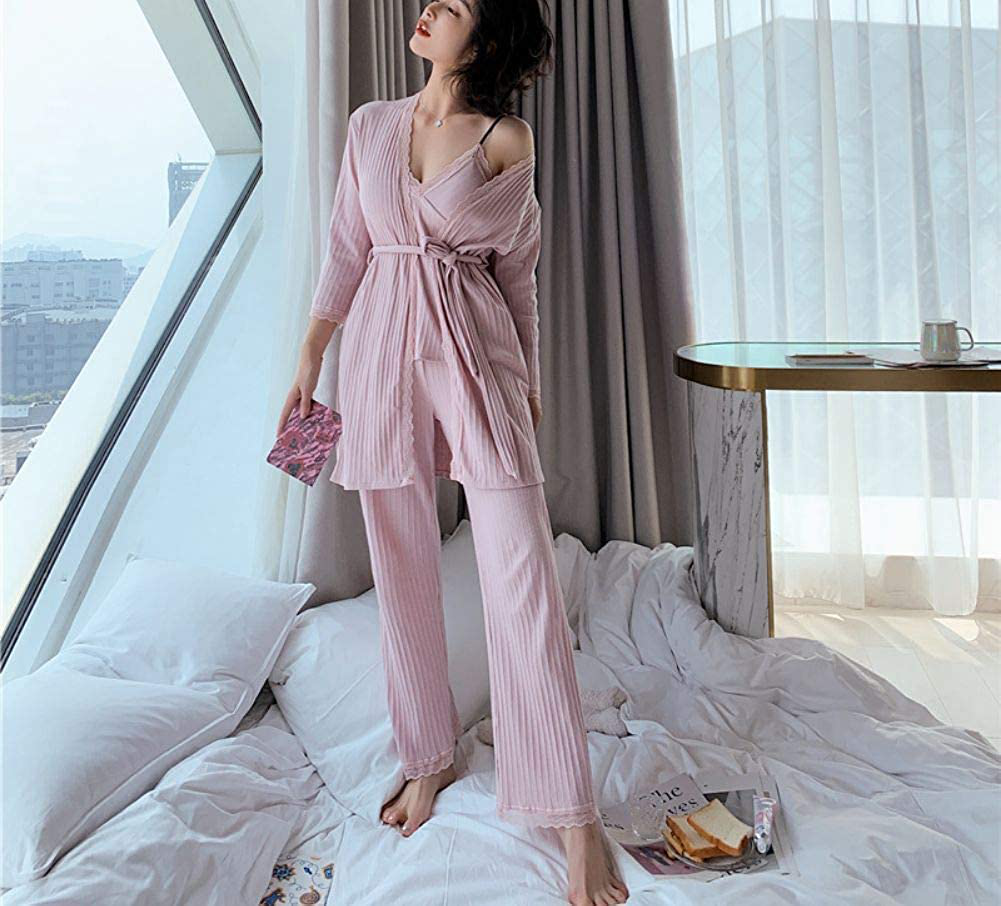 SAPJON Women Cotton Pajamas Sets Sexy Lace V-Neck 3 Pieces Sleepwear Robes Cami Pants Nightwear with Chest Pads Apparel & Accessories > Clothing > Sleepwear & Loungewear Kylie Max   
