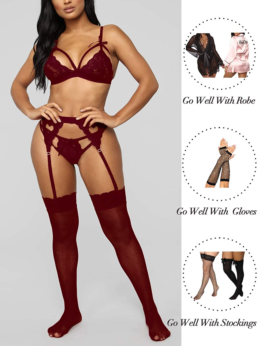 Kaei&Shi Sexy Lingerie for Women, Heart Lingerie Set with Garter Belt, Lace Bondage Lingerie Bra and Panty Sets Apparel & Accessories > Clothing > Underwear & Socks > Lingerie Kaei&Shi   