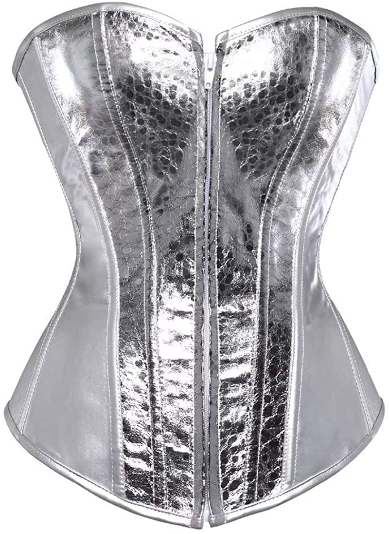 Corset Top Bustier Women'S Overbust Satin Floral Lace up Trim plus Size Bodyshaper Apparel & Accessories > Clothing > Underwear & Socks > Lingerie jutrisujo Leather Silver 2797 XX-Large 