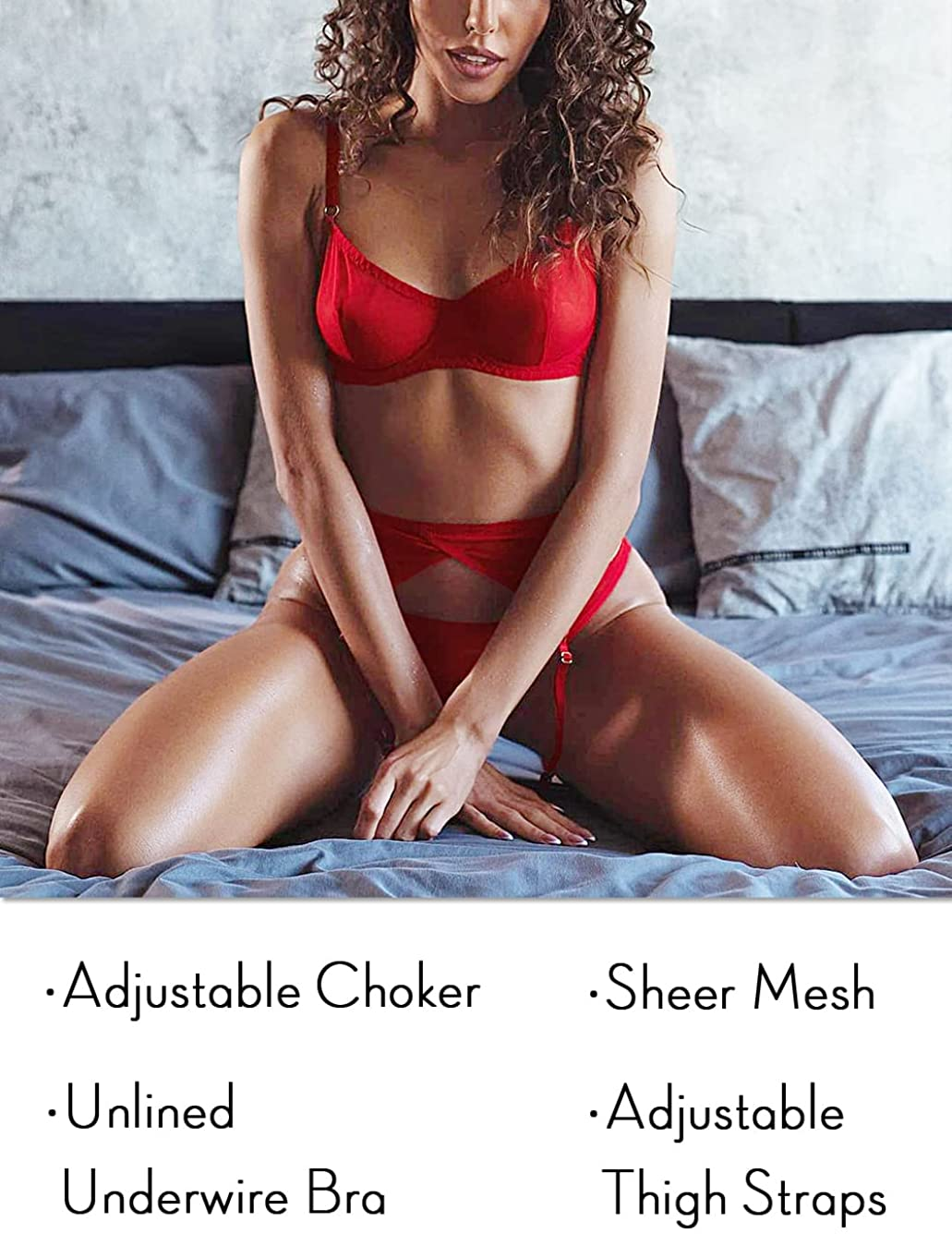 Kaei&Shi Sheer Mesh,Underwire Bra,Thong,5 Pieces,Garter Lingerie for Women Apparel & Accessories > Clothing > Underwear & Socks > Lingerie Kaei&Shi   