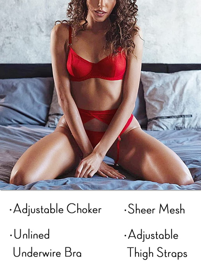 Kaei&Shi Sheer Mesh,Underwire Bra,Thong,5 Pieces,Garter Lingerie for Women Apparel & Accessories > Clothing > Underwear & Socks > Lingerie Kaei&Shi   