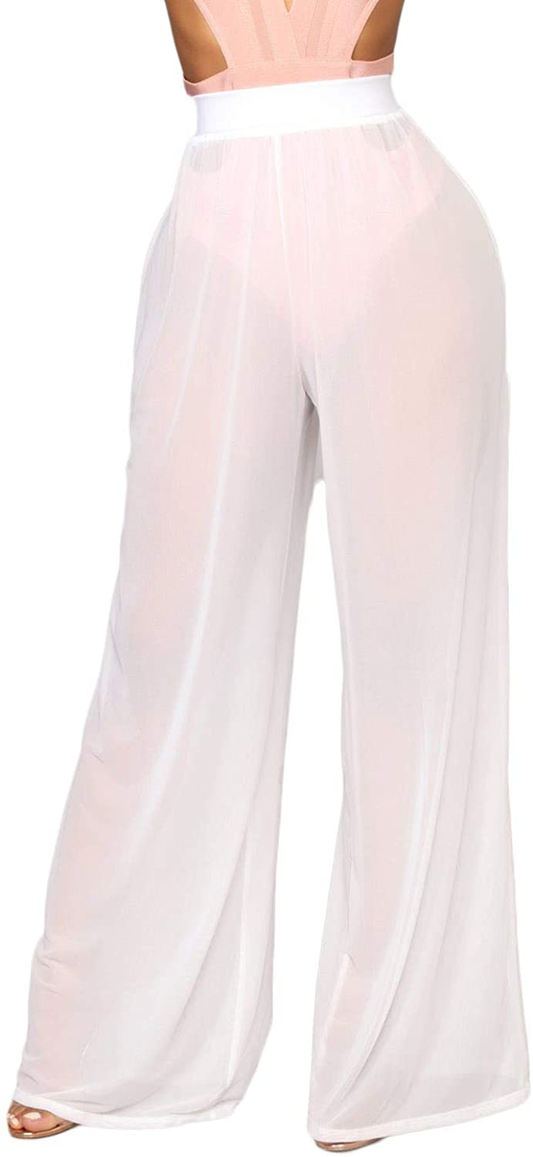 Awoscut Women See through Sheer Mesh Pants Beach Swimsuit Bikini Bottom Cover up Party Club Elastic High Waist Wide Leg Pants Apparel & Accessories > Clothing > Swimwear Kylie Max   