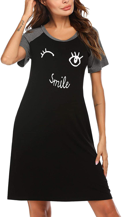 Ekouaer Womens Nightgowns Short Sleeve Nightshirts Printed Sleepwear Soft Sleep Shirts S-3XL Apparel & Accessories > Clothing > Sleepwear & Loungewear > Nightgowns Kylie Max   