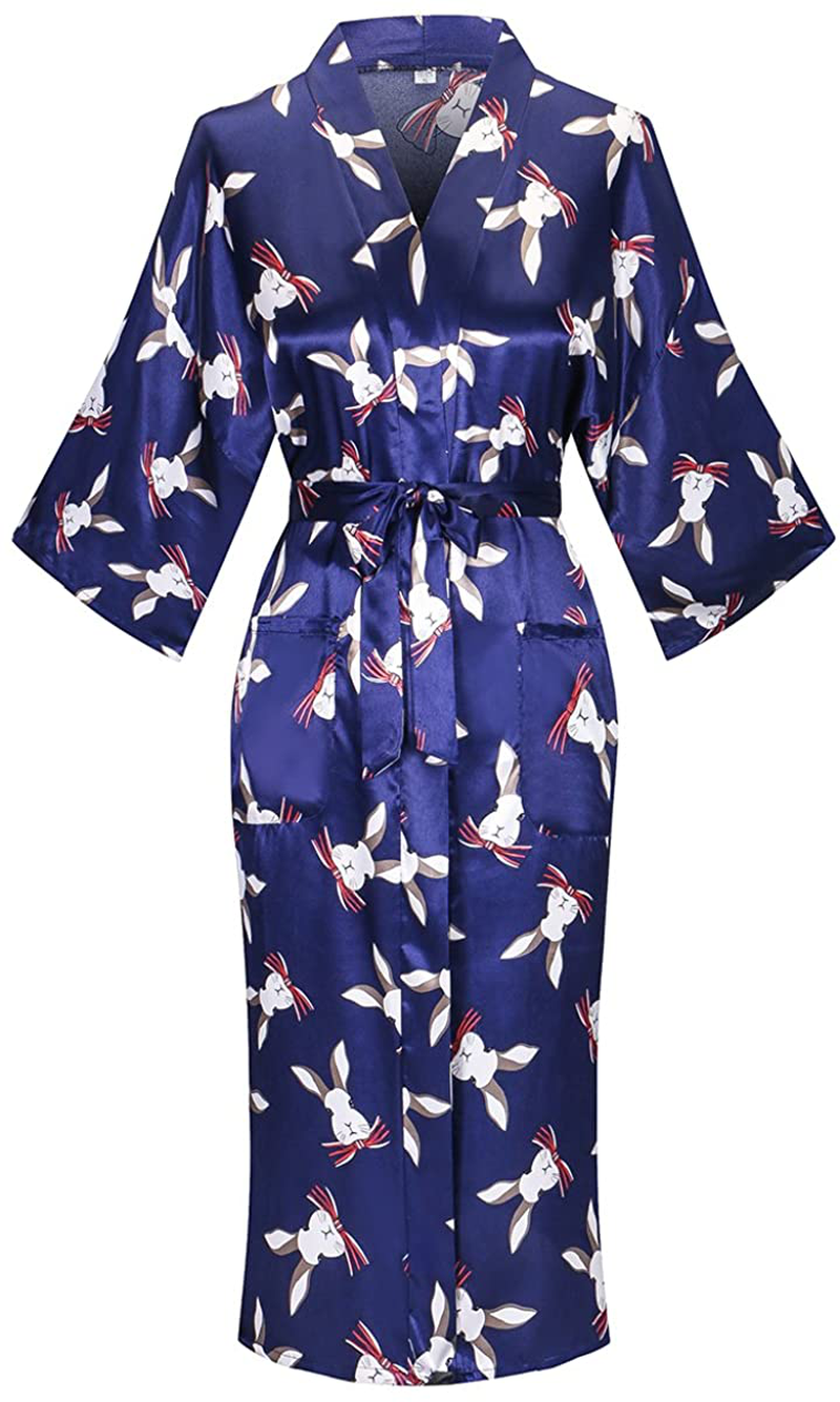 Dandychic Women'S Kimono Robes Lightweight Imitation Silk Sleepwear Long Lightweight Nightgown for Women Apparel & Accessories > Clothing > Sleepwear & Loungewear > Robes DandyChic Rabbit X-Large 