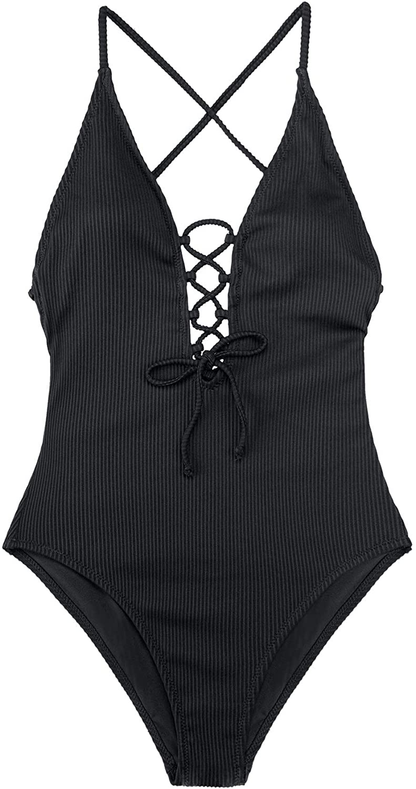 CUPSHE Women's Solid Color V Neck Lace Up One Piece Swimsuit Apparel & Accessories > Clothing > Swimwear CUPSHE   