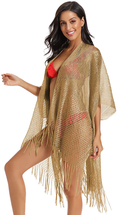 Metallic Sparkly Kimono Cardigan Swimsuit Beach Bikini Cover Ups Open Front Casual Blouse Tops Apparel & Accessories > Clothing > Swimwear Kylie Max   