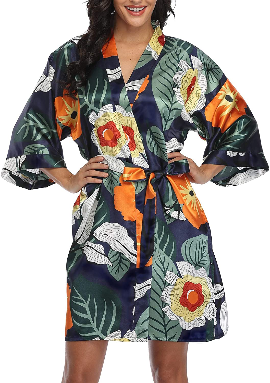 VOGMATE Women'S Floral Satin Short Robe for Bridesmaid Bride Silk Kimono Robe Dressing Gown for Wedding Party Apparel & Accessories > Clothing > Sleepwear & Loungewear > Robes VOGMATE   