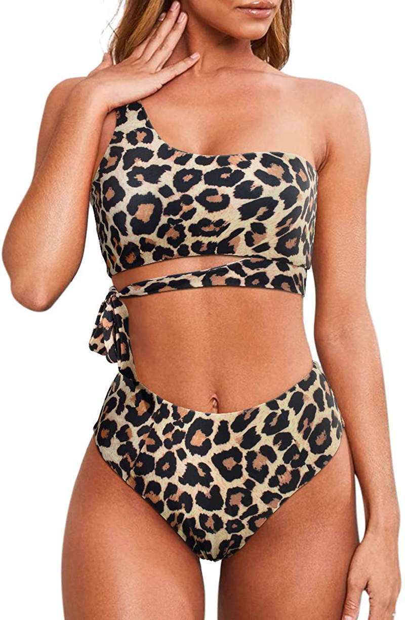 MOOSLOVER Women One Shoulder High Waisted Bikini Tie High Cut Two Piece Swimsuits Apparel & Accessories > Clothing > Swimwear MOOSLOVER Leopard Small 