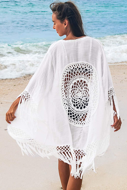 CUPSHE Women'S Tassel Long Kimono Cardigans Beach Swimsuit Bikini Cover up White Apparel & Accessories > Clothing > Swimwear Kylie Max   