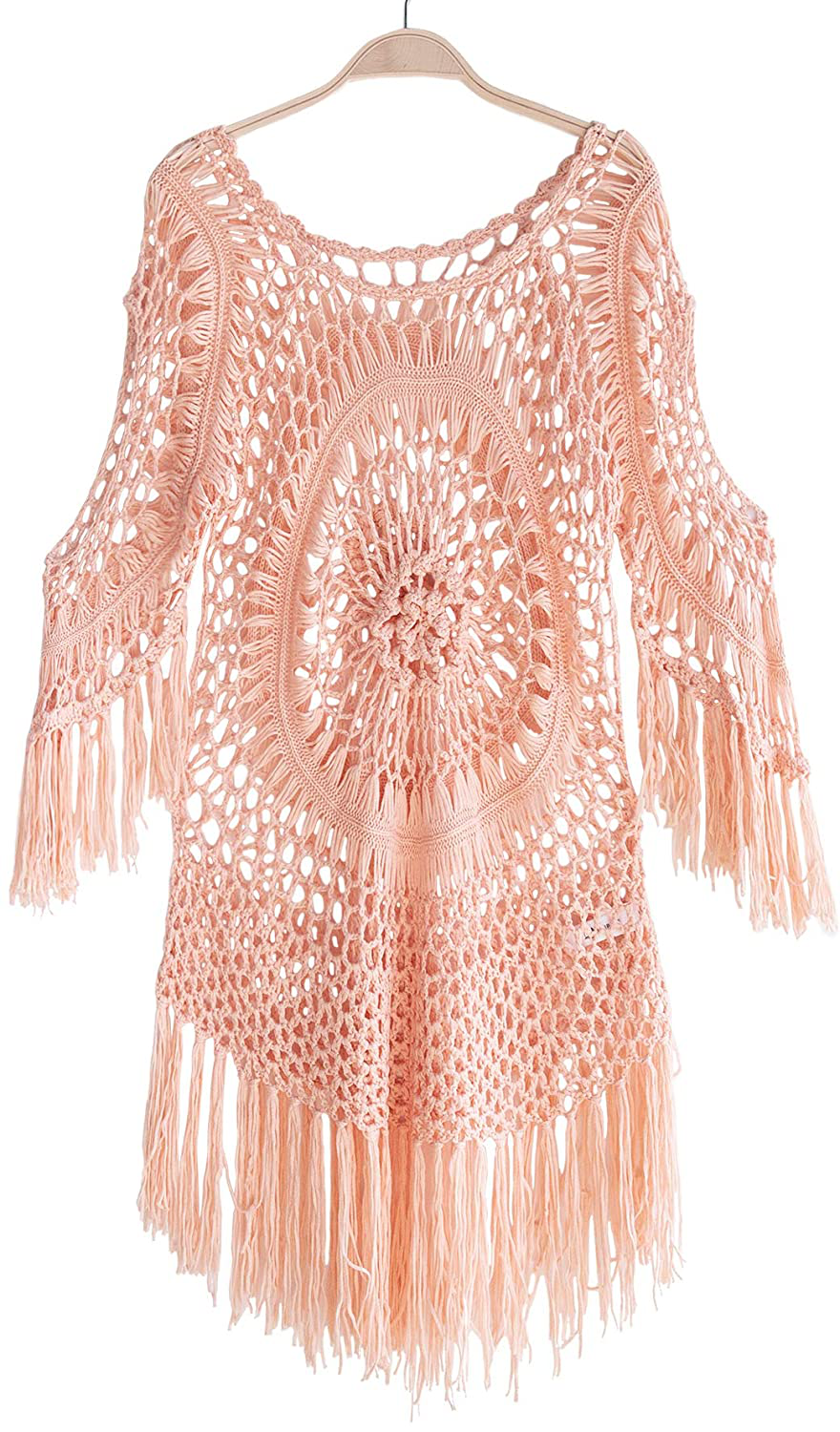 CUPSHE Women'S Cover up White Crochet Hollow Out Tassel Swimsuit Three Quarter Sleeve Apparel & Accessories > Clothing > Swimwear Kylie Max   