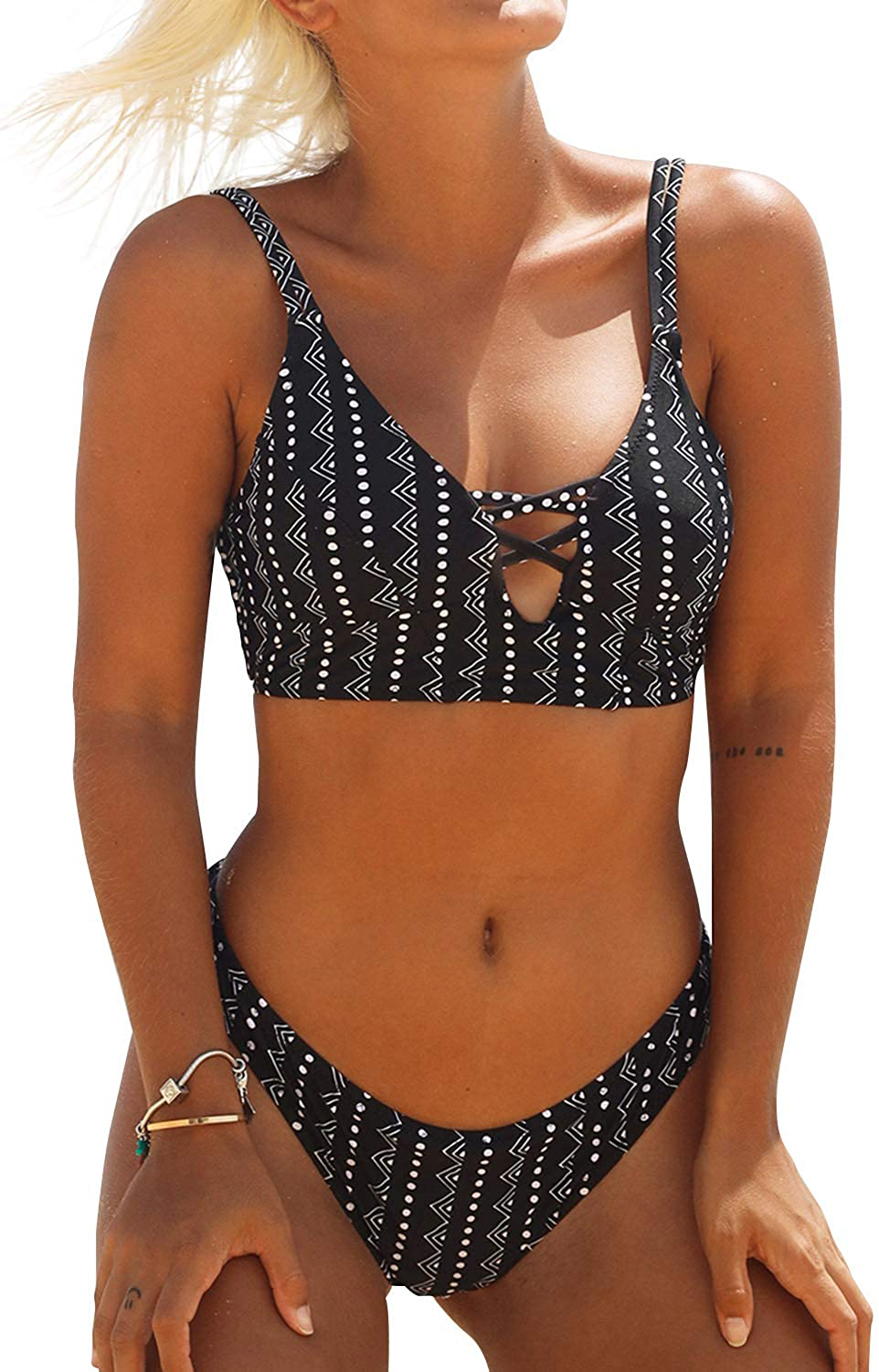 CUPSHE Women's Dream Space Lace Up Bikini Set Beach Swimwear Apparel & Accessories > Clothing > Swimwear CUPSHE Black/White X-Small 