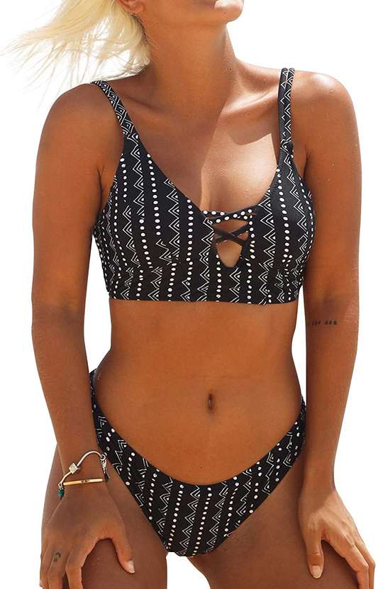 CUPSHE Women's Dream Space Lace Up Bikini Set Beach Swimwear Apparel & Accessories > Clothing > Swimwear CUPSHE Black/White X-Small 