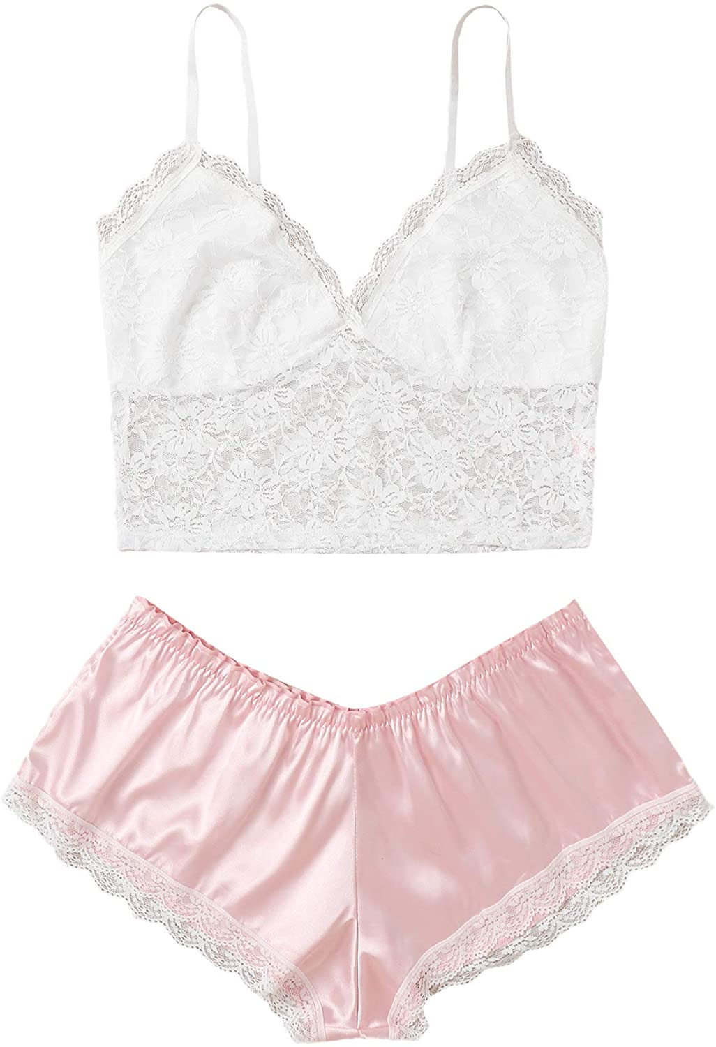 SOLY HUX Women'S plus Size Spaghetti Strap Lace Trim Bralette and Shorts Sleepwear Pajama Lingerie Set Apparel & Accessories > Clothing > Underwear & Socks > Lingerie KYLIE MAX Pink and White 3X-Large Plus 